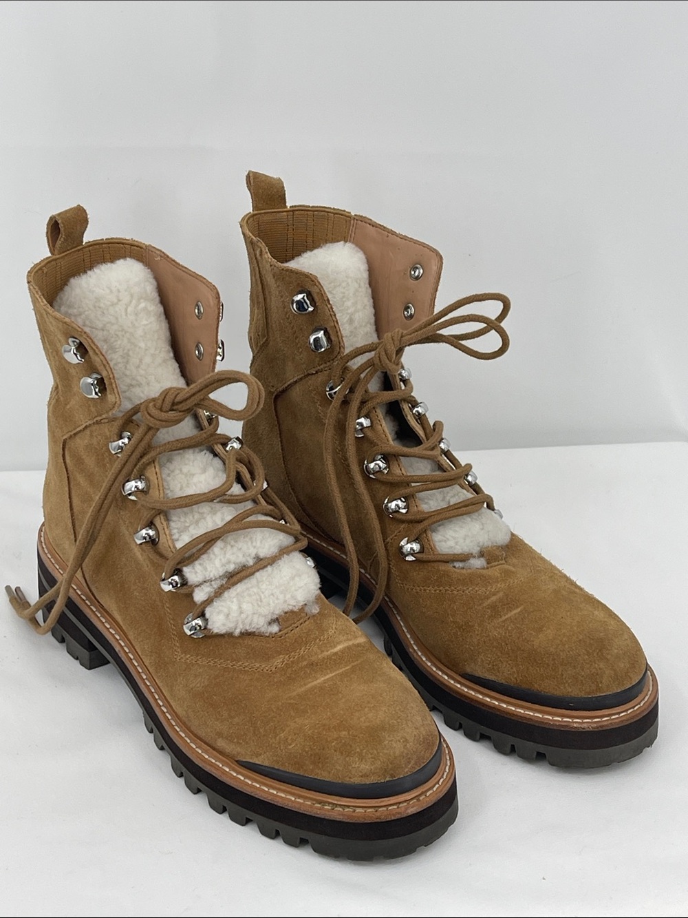 Marc Fisher Tan Suede REAL FUR Lace-Up Lug Boots WOMENS SIZE 8